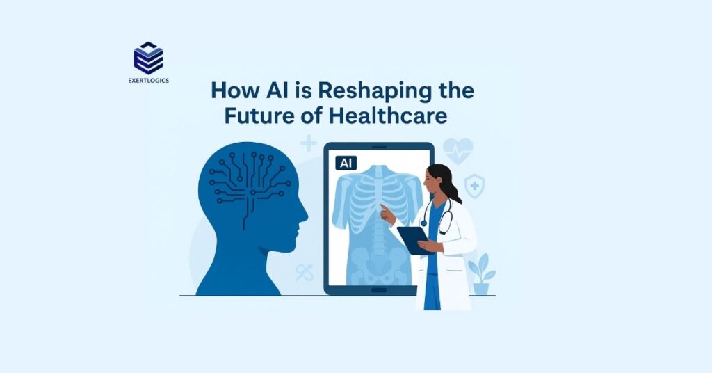 Illustration showing how artificial intelligence is transforming the healthcare industry with applications in diagnostics, remote monitoring, and personalized treatment.