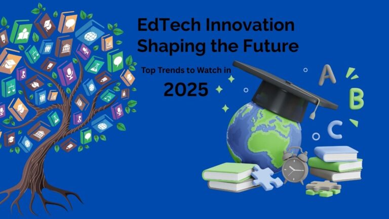 Illustration of top EdTech trends in 2025 including AI-powered learning, AR/VR classrooms, and gamification tools transforming modern education.